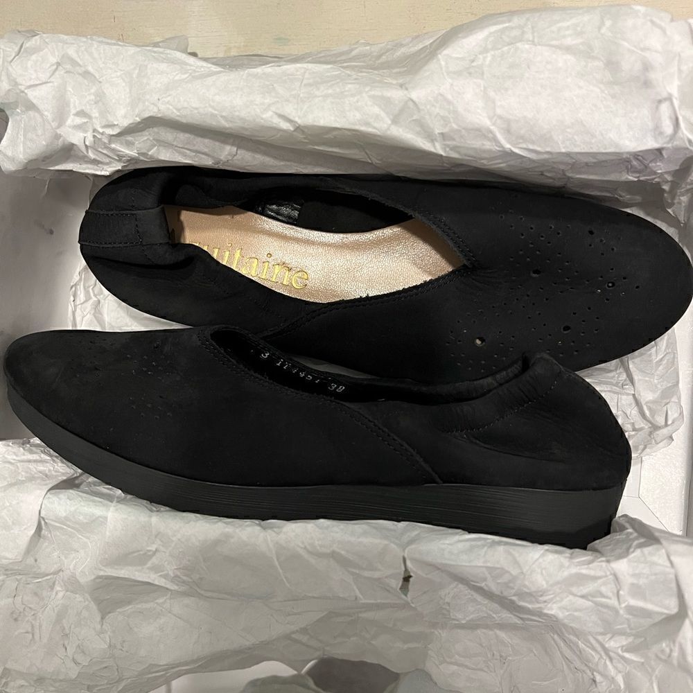 Aquitaine by French Sole Oceanie perforated Black Suede Ballet shoes